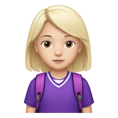 White blonde Girl with brown eyes around 8 on purple sports uniform with backpack  sticker