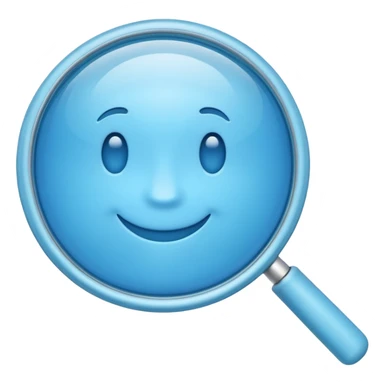 A 3D emoji-style magnifying glass, smooth rounded shapes, soft gradient blue ring, glossy plastic material, subtle highlights and reflections, simple minimal design, pastel blue color, slightly thick proportions, soft lighting, clean white background, modern emoji aesthetic, centered composition sticker