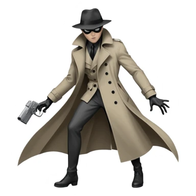 Die-cut sticker of Spider-Noir, monochrome black and grey palette, trench coat fluttering, 1940s detective aesthetic. Sharp edges, heavy shadows, white border, isolated on white background, high detail. sticker