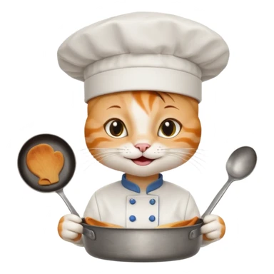 White girl cat with a chef hat holding a pan while smiling sticker