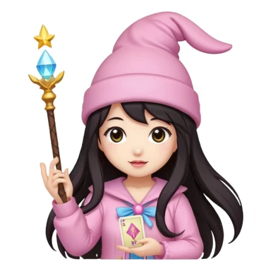 pixel art chibi asian girl with dark long hair in pink bunny hat magical girl with kawaii tarot cards thrown in air pixel emoji sticker