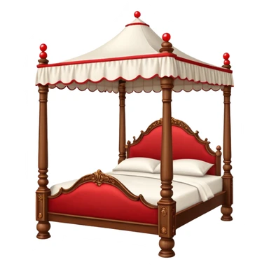 Wooden four poster bed with canopy handing small red balls on edge  sticker