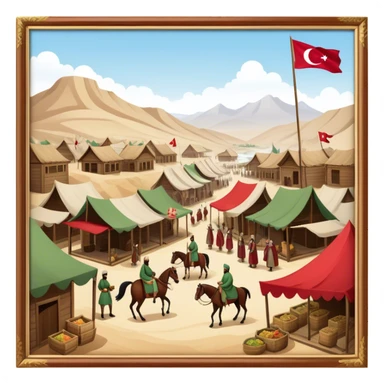 Early Ottoman settlement being built. Wooden houses, tents, and a small market. People in traditional Ottoman clothes, soldiers on horseback, and a flag waving sticker