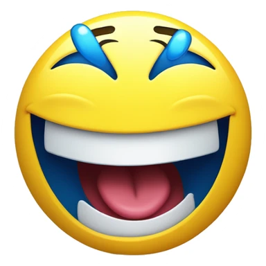 A 3D cartoon emoji of a yellow face laughing hysterically, tilted sideways, with closed 'V'-shaped eyes, a wide open smile, and blue tears of joy, in a bright and glossy style. sticker