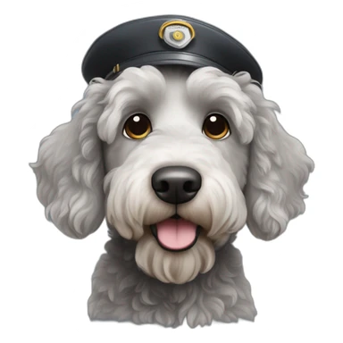 black and grey labradoodle dog's face with short ears and a long nose and a pilot cap on sticker