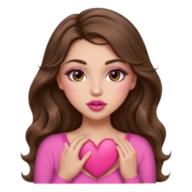 girl with long wavy brown hair, brown eyes, long lashes makeup, sexy pink lips, light to medium complexion, wearing a pink sexy top, sexy , puckering, blushing, kissing a heart sexy sticker