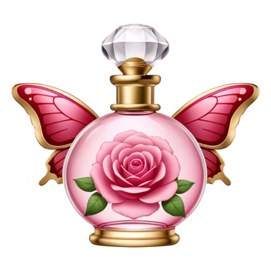 An elegant perfume bottle in Angel Pink with gold accents, surrounded by delicate butterflies with Rose Red and Deep Red wings, gracefully fluttering in a warm, romantic glow. sticker