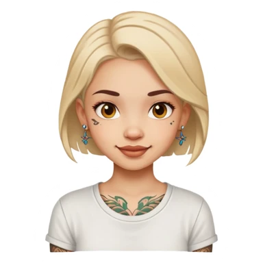 girl with small face tattoos, cheerful expression, wearing a shirt sticker