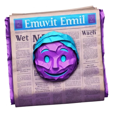 newspaper with headlines and neon glow effect, blue neon glow on top left, purple neon glow on bottom right sticker