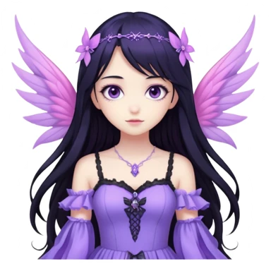 Gothic anime fairy with long beautiful black hair and violet dress, pastelcore, sticker