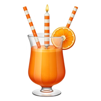 An orange fruit with a horizontal red stripe around the middle. 4 vertical cocktail sticks in the orange with small pieces of candy on the sticks. On top of the orange a small white lit candle. sticker