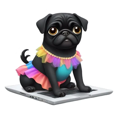 Black pug using a laptop while wearing a tutu dress sticker
