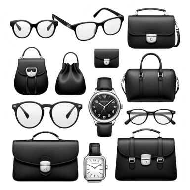 bags and watches, and glasses, all black and white put together like a bundle with no face, all luxury items sticker