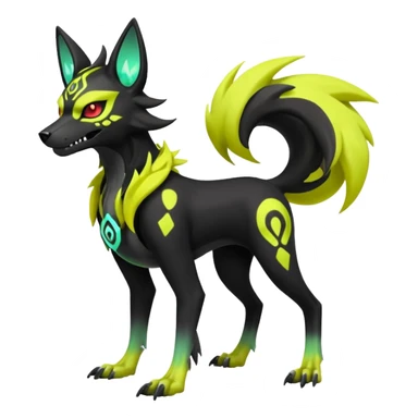 Cool handsome demonic skeletal black and neon green and neon yellow futuristic shiny colorful bioluminescent cyber-Poochyena-Lycanroc-Zorua-Litten-Houndoom-Fakémon-Pokémon-Digimon-hybrid-fusion (full body) with a skull face sticker