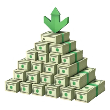 upward arrow next to gradually increasing stacks of dollar bill bundles, showing financial growth sticker