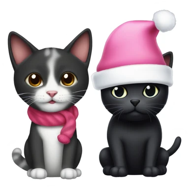 A twired baby cat with a pink Christmas hat and as a friend he has a black dog with a white belly and black snot ears and she has a red Christmas hat on sticker