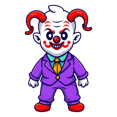 demonic clown wearing a leisure suit, bald with ram horns sticker