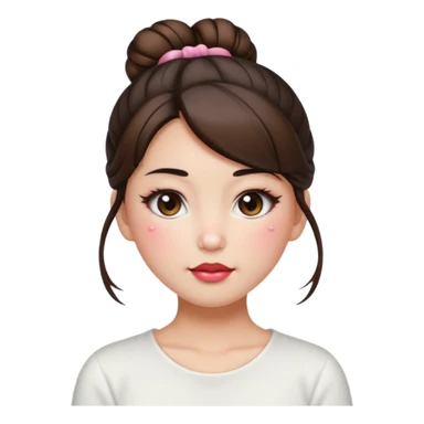 “japanese style Emoji brunette girl hair in bun white top, dewy skin, heavy blush across cheeks and nose bridge, glossy cherry lips, soft eyeliner, teary sparkling eyes sticker
