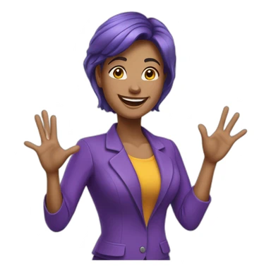 Bussiness woman saying hello and giving five with happy face  in purple clothes  sticker