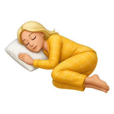 Create an image of a woman with blond hair in yellow pajamas, sleeping on her side by herself on a white pillow, in classic iOS emoji style, with no background. sticker