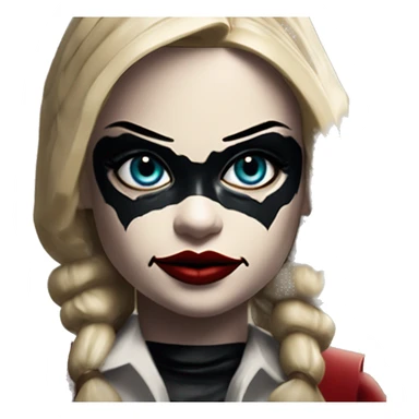 Lego in Harley Quinn style, oil paint, mysterious eyes, intricate lips, masterpiece portrait, odd perspective, beautiful, desirable, logical sticker