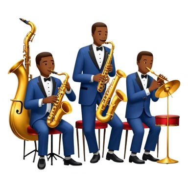 Icon for Jazz Music: The Jazz Messengers, featuring a dynamic composition with Art Blakey on drums and musicians playing saxophone, trumpet, and piano. Musical notes and a warm jazz club atmosphere emphasize the vibrant hard bop style. Transparent background. sticker