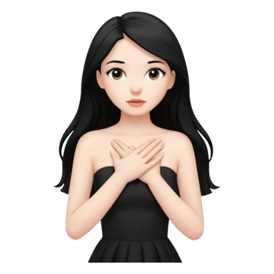 Pale girl with long black hair and black strapless dress with hands over her heart sticker