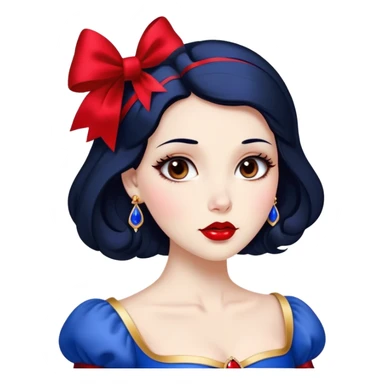 Cinematic Stunning Snow White Portrait Emoji, Fair skin glowing like porcelain, ruby-red lips, deep brown eyes full of kindness, raven hair framed by her iconic red bow, wearing her royal blue and gold gown, exuding timeless beauty and grace! sticker