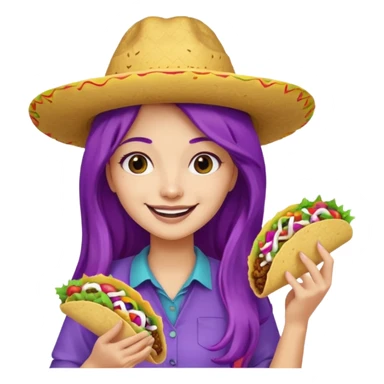 woman holding taco with purple long hair and hat on head sticker