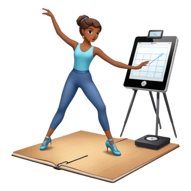 Icon for Choreography: a dance studio floor with a choreographer demonstrating movements, a dance notebook, and a metronome. The icon should capture the creative and structured process of choreographing dances. Transparent background. sticker