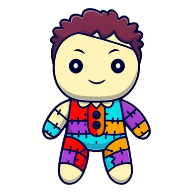 A colorful voodoo doll with patchwork fabric in bright colors, decorative buttons for eyes, and colorful pins sticking out of it sticker