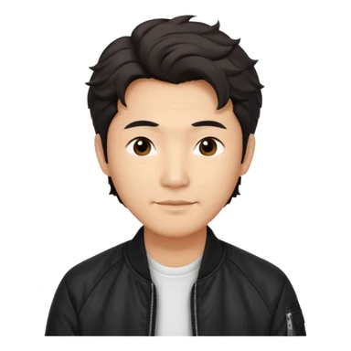 Handsome and mature Asian guy wavy hair, dressed cool in black bomber jacket, demure but with a smirk  sticker