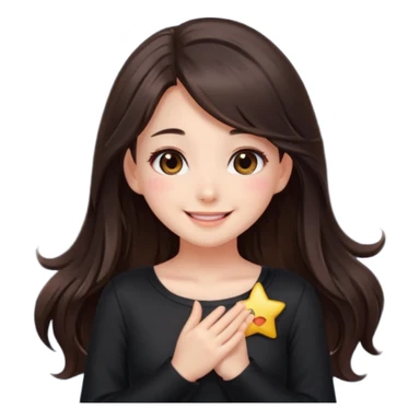 kawaii streamer girl, brunette, brown eyes, long dark hair, black outfit, smiling, sparkling eyes, blushing cheeks, happy expression, small stars around, emoji icon sticker