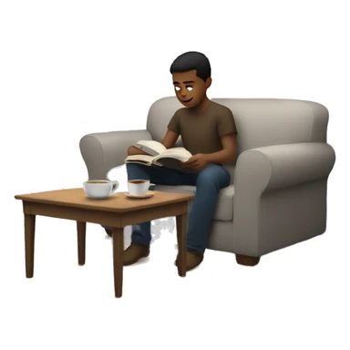 A white boy reading at a coffee table with a cup of coffee next to him sticker