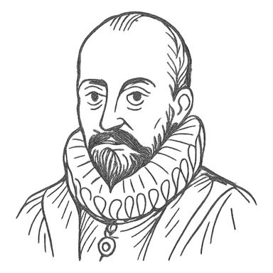 a hand drawn black outline portrait of philosopher Montaigne with similar-sized eyes based a famous portrait of him sticker