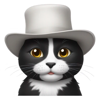 black and white cat with hat and a mustache sticker