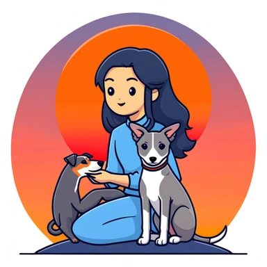 A very beautiful and attractive 25-year-old Chinese woman with long flowing black hair and a SOLID DARK GREY whippet sitting together during a beautiful sunset. The whippet MUST be COMPLETELY SOLID DARK GREY with ABSOLUTELY NO WHITE MARKINGS ANYWHERE - no white chest, no white face, no white paws, no white tip on tail - ENTIRELY ONE SOLID DARK GREY COLOR throughout the entire dog. Orange and red sunset sky in the background. sticker