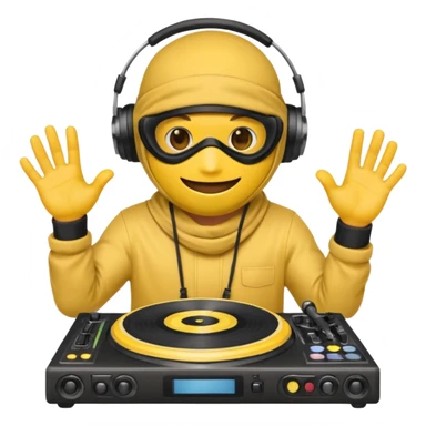 Make a customized yellow head emoji with hands and holding a dj turn table  in a  ninja face mask sticker