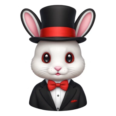 Cute emoji-style white bunny wearing a black top hat with a red band and a red bow tie, big round eyes, fluffy fur, clean mascot style, centered, transparent background, 1:1 ratio. sticker