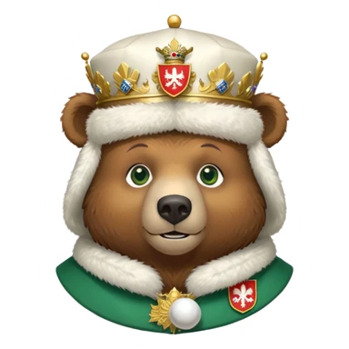 Just the head of a cute brown bear with green eyes, wearing white fur ushanka hat with highly detailed realistic Russian Federation coat of arms, showing double-headed eagle with crowns, scepter, orb and St. George shield, iOS emoji style sticker