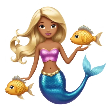 Brown skin blonde hair barbie mermaid with glitter tail  with pufferfish sticker