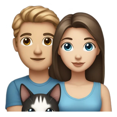 a dark-haired white man with brown eyes and a girl with light brown hair and blue eyes are holding hands and black and white cat and gray sticker