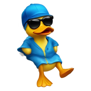 Rubber duck with sunglasses with blue cap siting on bench sticker