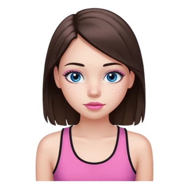 Create a teenage girl with long and straight brunette hair, light skin, light freckles, and blue-grey eyes. She will have pink lips and long black eyelashes. She will be wearing a pink tank top. sticker