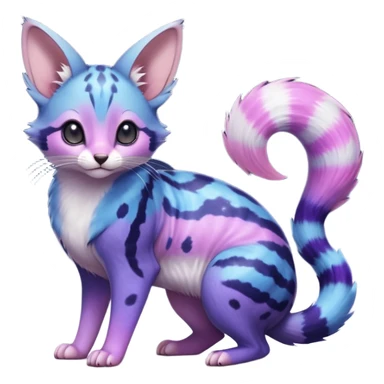 Hyper-realistic nebulae starry glittery shiny smooth soft Blue-indigo-purple-pink-violet-gradients divine beautiful elegant pretty precious cute young youthful  Fakémon-Pokémon-alien-opossum-feline-serval-caracal-chinchilla-Minccino-hybrid-creature with a big fluffy bushy striped tail (full body) sticker