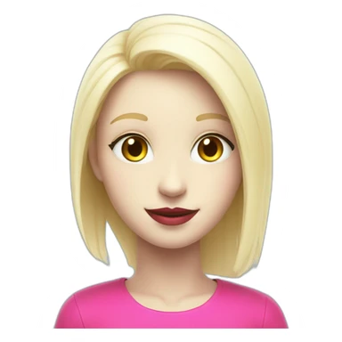 Joyful white humanoid with fluorescent and playful pink shirt, light blue eyes passionate about programming and art, blond hair red lip round and black bezel sticker