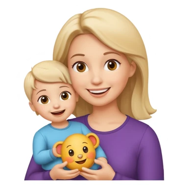 pleasanty surprised mother with child showing toy sticker