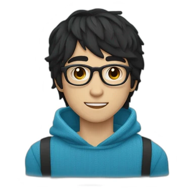 Long emo black haired boy blue eyes and black rectangle nerd glasses smiling wearing blue sweater tan skin emo bangs over right eye sticker