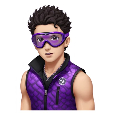 close-up of bad guy male athlete with white skin and moderately curly dark brown hair on top with shaved sides, wearing ski goggles with purple frames and very dark black lenses, a simple plain black chain necklace, and a completely unzipped sleeveless vest with purple and black sequin fire pattern design with no logo, pulling his tongue out very far in an exaggerated mocking gesture, looking menacing and villainous sticker