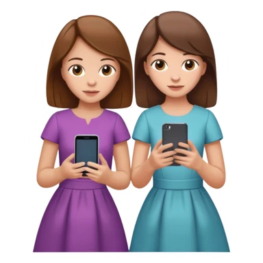 two brown haired girls, looking professional maybe leaned on each others back and looking forward and using phones, with longer hair and with some cute clothes without ties maybe dresses, one girl can hold lap top another one can hold the phone sticker